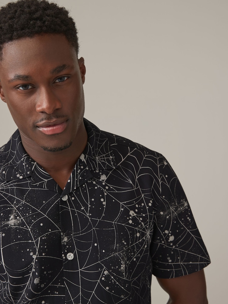 Black/White Halloween Printed Short Sleeve Shirt with Cuban Collar - Image 1 of 8