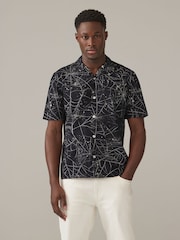 Black/White Halloween Printed Short Sleeve Shirt with Cuban Collar - Image 3 of 8