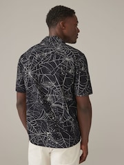 Black/White Halloween Printed Short Sleeve Shirt with Cuban Collar - Image 4 of 8