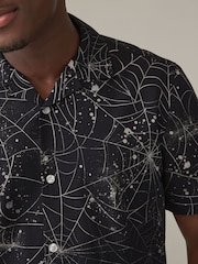 Black/White Halloween Printed Short Sleeve Shirt with Cuban Collar - Image 5 of 8