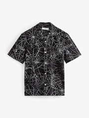 Black/White Halloween Printed Short Sleeve Shirt with Cuban Collar - Image 6 of 8