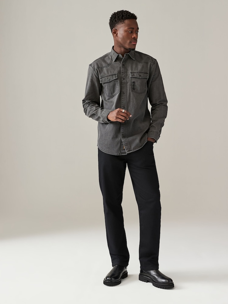 Black Denim Long Sleeve Embroidered 100% Cotton Shirt - Image 2 of 10