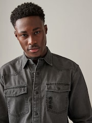 Black Denim Long Sleeve Embroidered 100% Cotton Shirt - Image 4 of 10