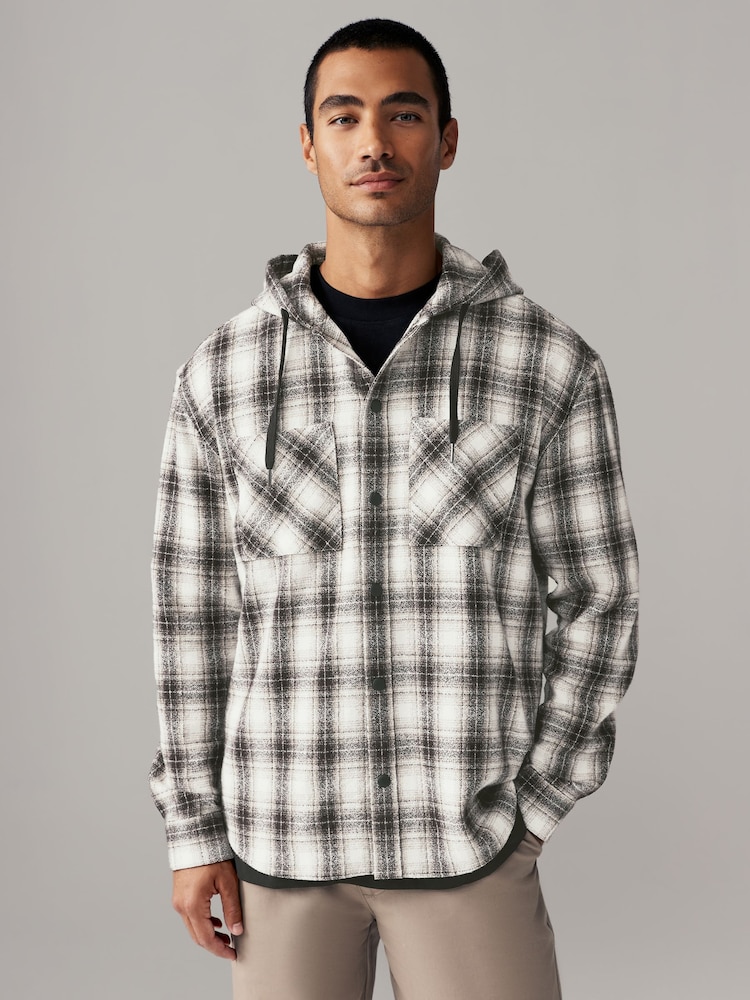 Black/White Check 100% Cotton Hooded Shacket Overshirt - Image 1 of 10