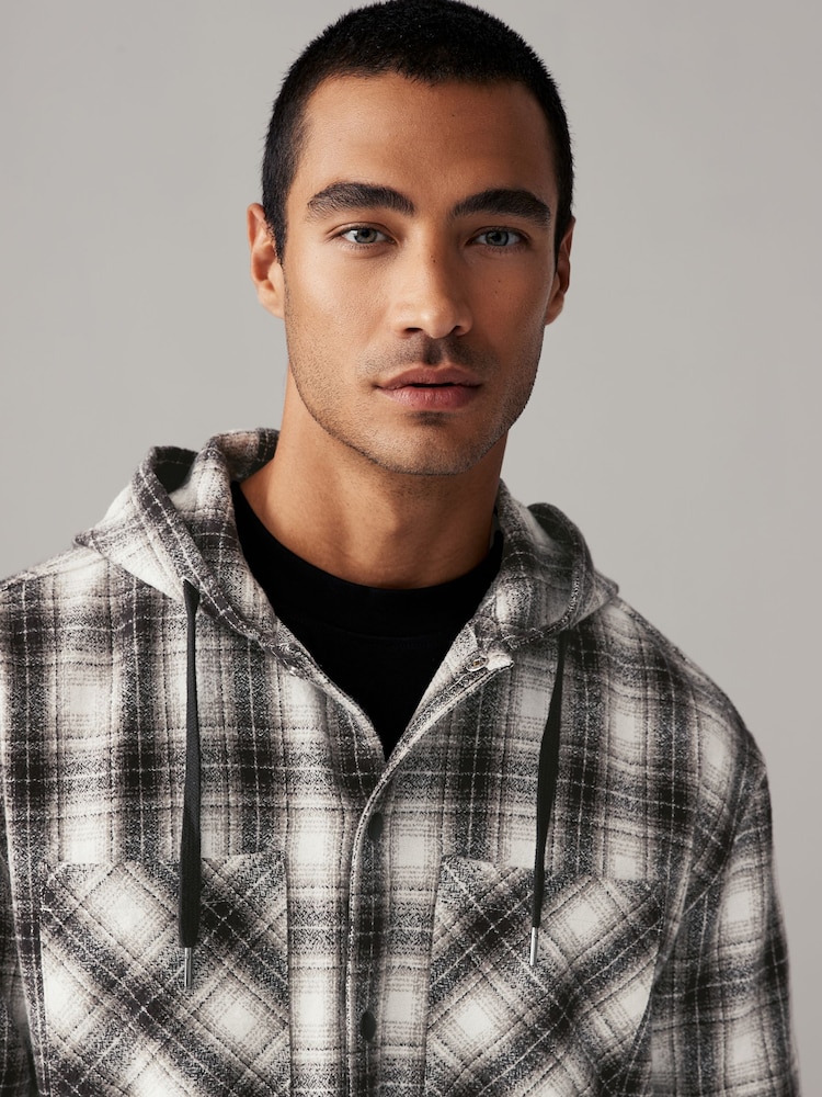 Black/White Check 100% Cotton Hooded Shacket Overshirt - Image 2 of 10