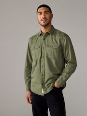 Sage Green Denim Long Sleeve Embroidered 100% Cotton Shirt - Image 1 of 7