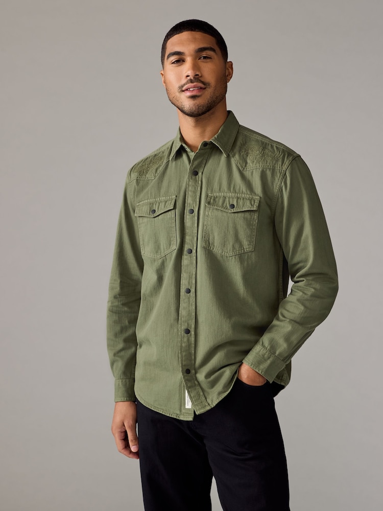 Sage Green Denim Long Sleeve Embroidered 100% Cotton Shirt - Image 1 of 7