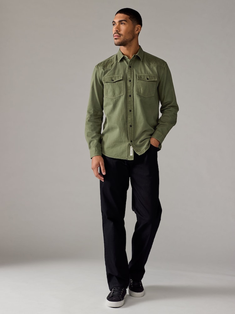 Sage Green Denim Long Sleeve Embroidered 100% Cotton Shirt - Image 2 of 7