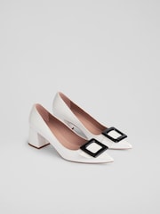 LK Bennett White Tia Patent Buckle Detail Court Shoes - Image 2 of 4