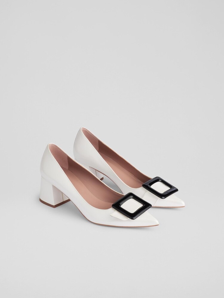 LK Bennett White Tia Patent Buckle Detail Court Shoes - Image 2 of 4