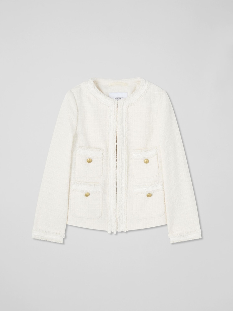 LK Bennett Ivory Cream Charlie Petite Italian Cotton Blend Tweed Jacket - Image 4 of 4