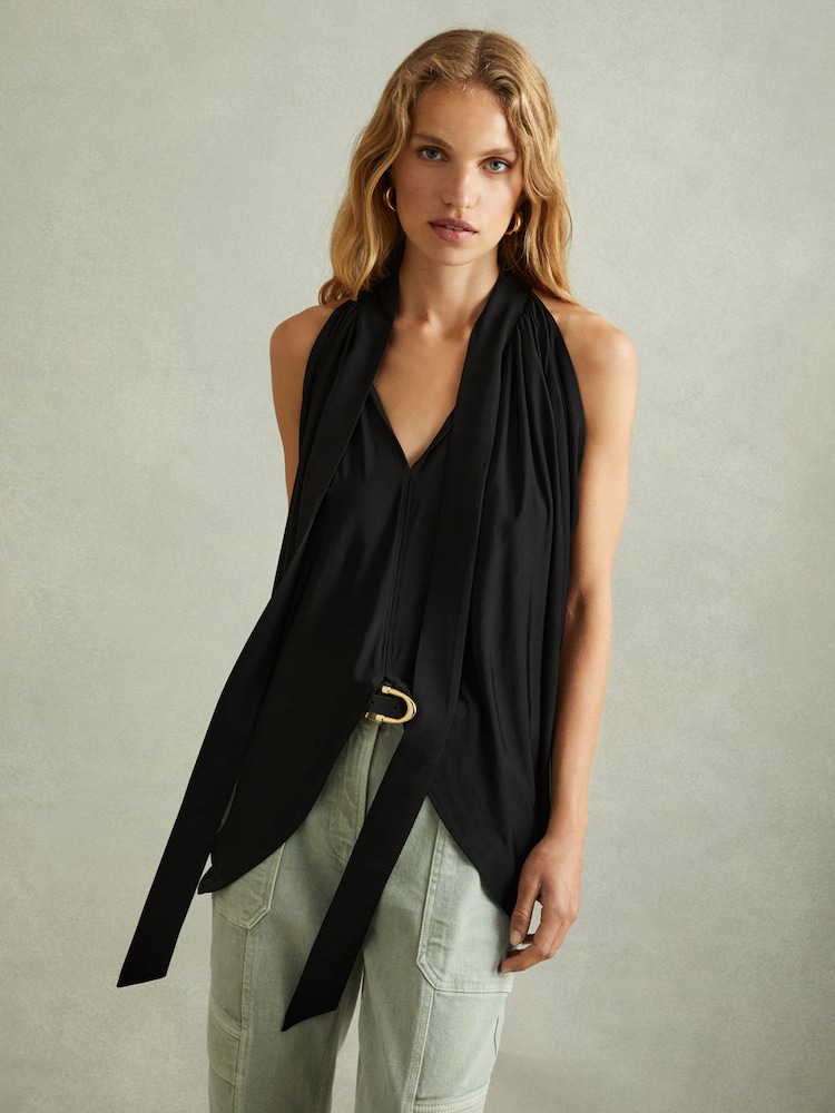 Reiss Black Luisa Draped Tie Neck Top - Image 1 of 5