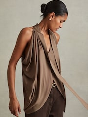Reiss Dark Mink Luisa Draped Tie Neck Top - Image 1 of 4