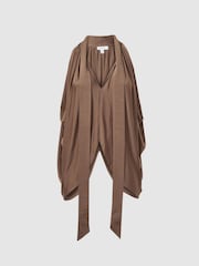 Reiss Dark Mink Luisa Draped Tie Neck Top - Image 2 of 4
