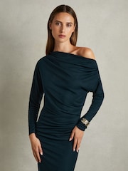 Reiss Teal Fleur Off-The-Shoulder Ruched-Jersey Midi Dress - Image 3 of 6