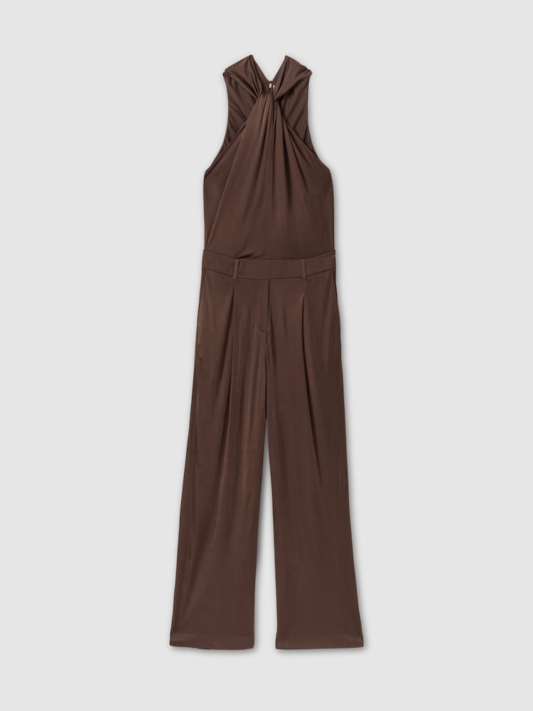 Reiss Chocolate Claudia Jersey Halter Neck Wide Leg Jumpsuit - Image 2 of 6