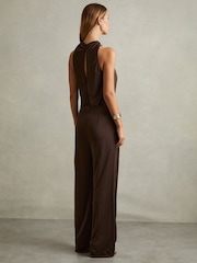 Reiss Chocolate Claudia Jersey Halter Neck Wide Leg Jumpsuit - Image 5 of 6