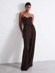 Reiss Chocolate Estel Atelier Strapless Crepe Bustier Jumpsuit - Image 1 of 6