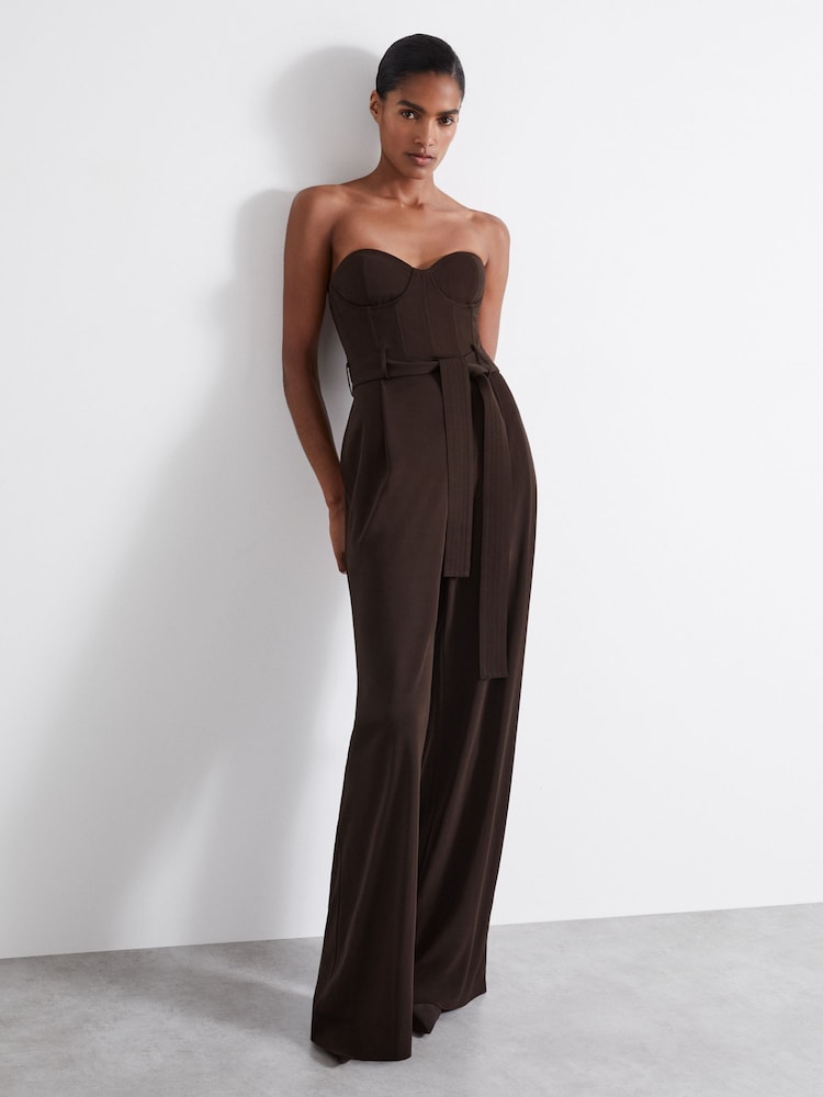 Reiss Chocolate Estel Atelier Strapless Crepe Bustier Jumpsuit - Image 1 of 6