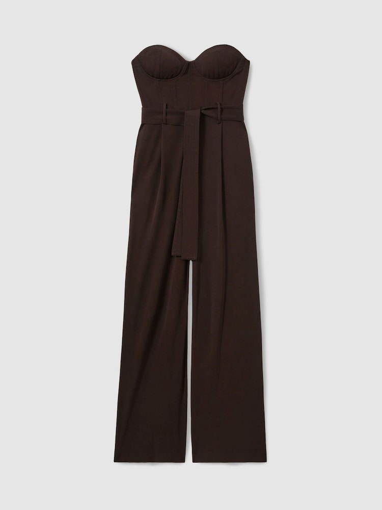 Reiss Chocolate Estel Atelier Strapless Crepe Bustier Jumpsuit - Image 2 of 6