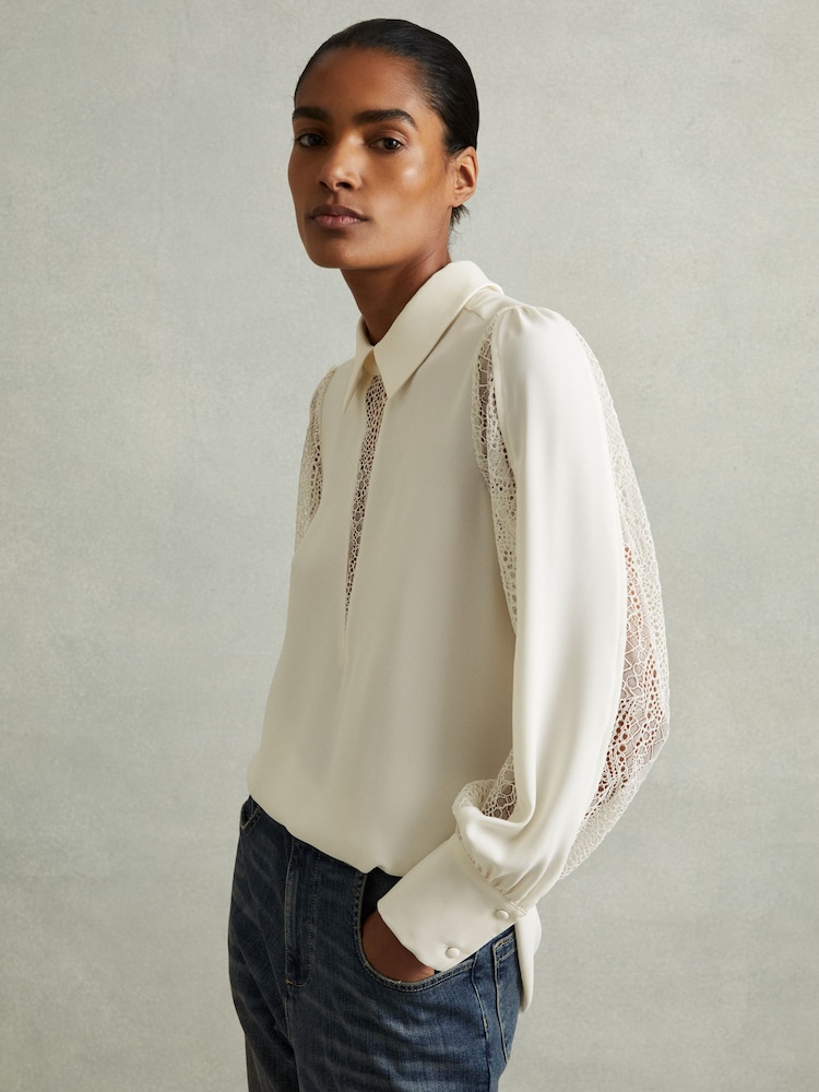 Reiss Cream Renata Lace Insert Blouse - Image 1 of 6