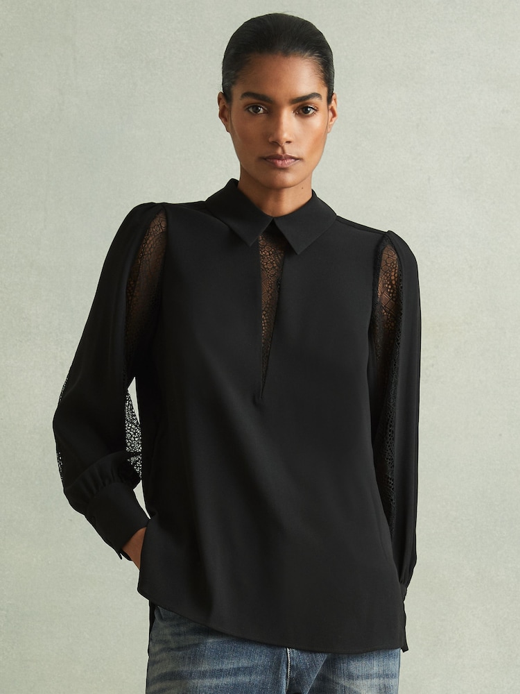 Reiss Black Renata Lace Insert Blouse - Image 1 of 5 Reiss Black Renata Lace Insert Blouse - Image 1 of 5