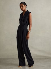 Reiss Navy Sara Tux Pleated Jumpsuit - Image 1 of 6