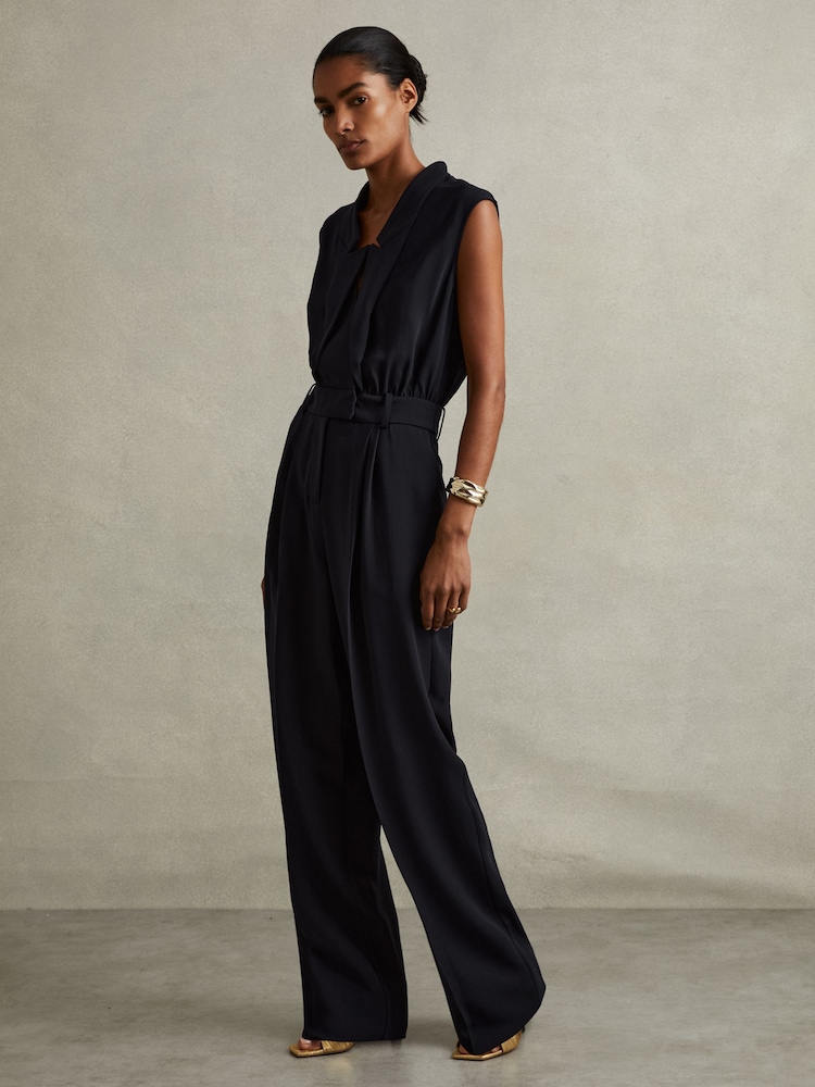 Reiss Navy Sara Tux Pleated Jumpsuit - Image 1 of 6