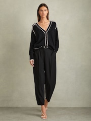Reiss Black/White Maisie Striped Trim V-Neck Jumper - Image 1 of 5