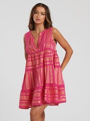 South Beach Pink Metallic Jacquard Sleeveless 100% Cotton Tiered Knee Length Dress - Image 1 of 5