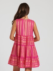 South Beach Pink Metallic Jacquard Sleeveless 100% Cotton Tiered Knee Length Dress - Image 2 of 5
