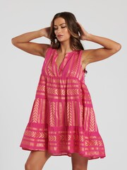South Beach Pink Metallic Jacquard Sleeveless 100% Cotton Tiered Knee Length Dress - Image 3 of 5