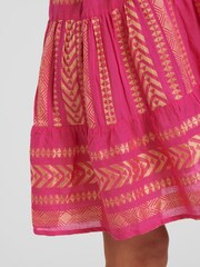 South Beach Pink Metallic Jacquard Sleeveless 100% Cotton Tiered Knee Length Dress - Image 4 of 5