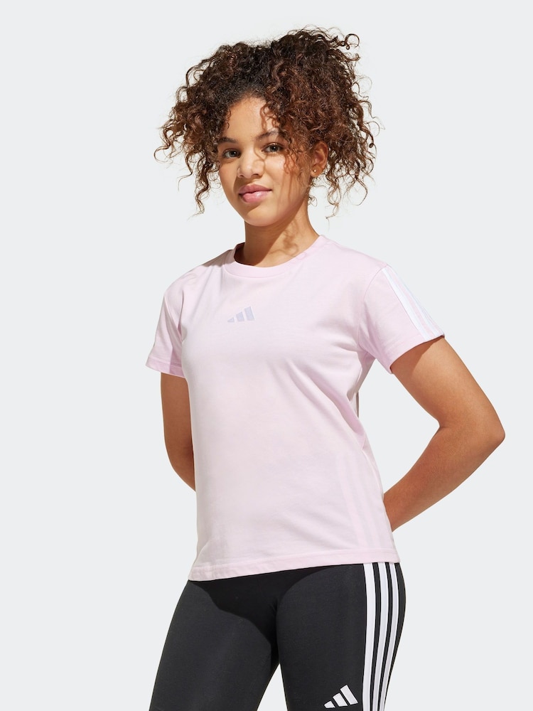 adidas Pink 3 Stripe Essentials 100% Cotton T-Shirt - Image 1 of 6