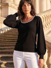 Roman Black Square Neck Pearl Knit Blouse - Image 1 of 4