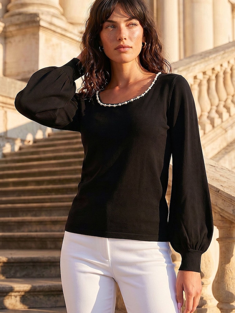 Roman Black Square Neck Pearl Knit Blouse - Image 1 of 4