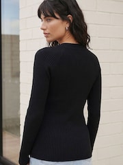 Roman Black Square Neck Rib Knit Blouse - Image 3 of 4