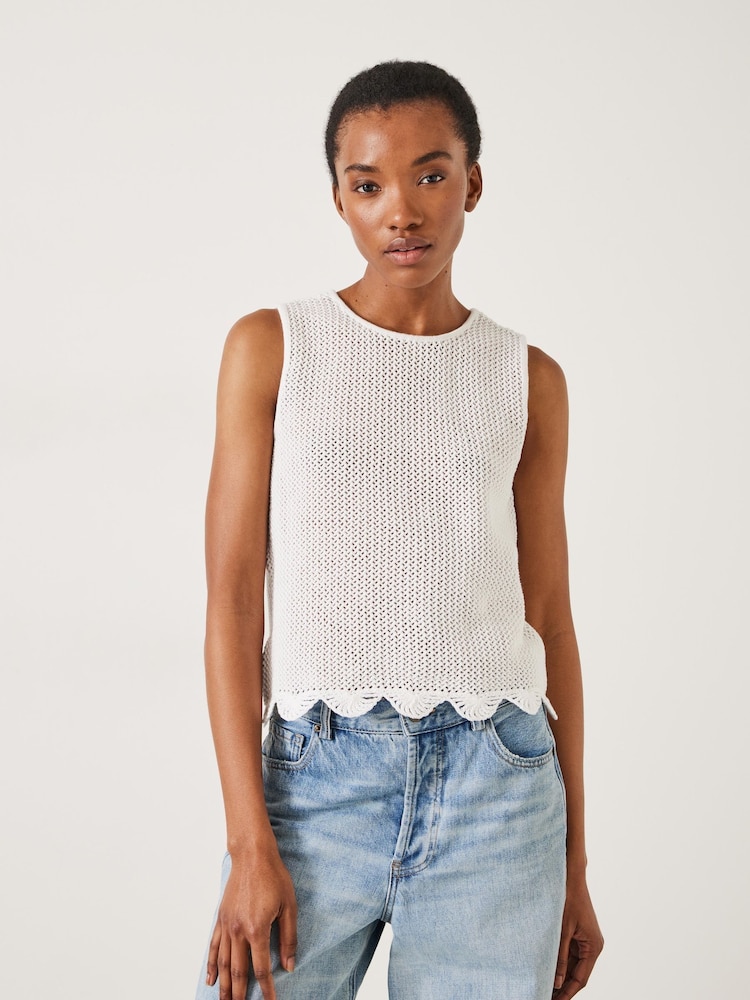 Hush White Adelina Crochet Scallop Edge Knitted 100% Cotton Tank - Image 1 of 5