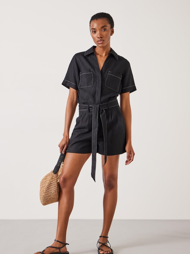 Hush Black Linen Blend Fran Contrast Stitch Playsuit - Image 1 of 5