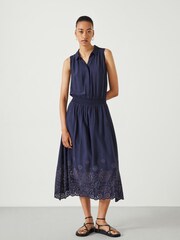 Hush Blue Sleeveless Broderie Kensington 100% Cotton Midi Dress - Image 1 of 5