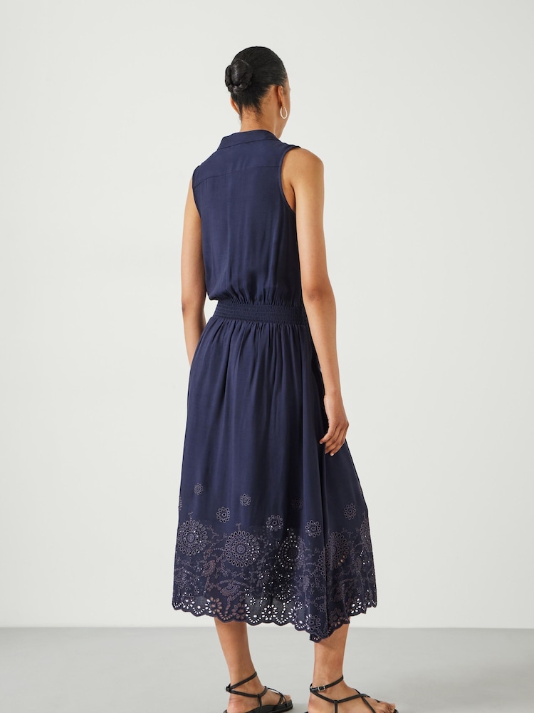 Hush Blue Sleeveless Broderie Kensington 100% Cotton Midi Dress - Image 2 of 5