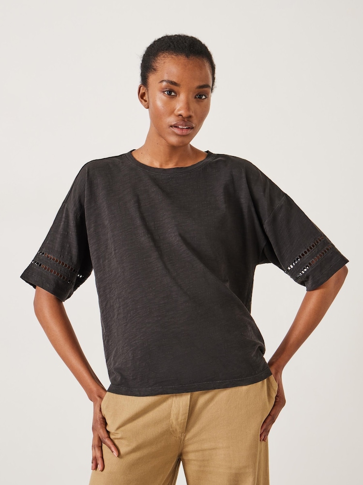 Hush Black Lucie Lace Detail 100% Cotton T-Shirt - Image 1 of 5