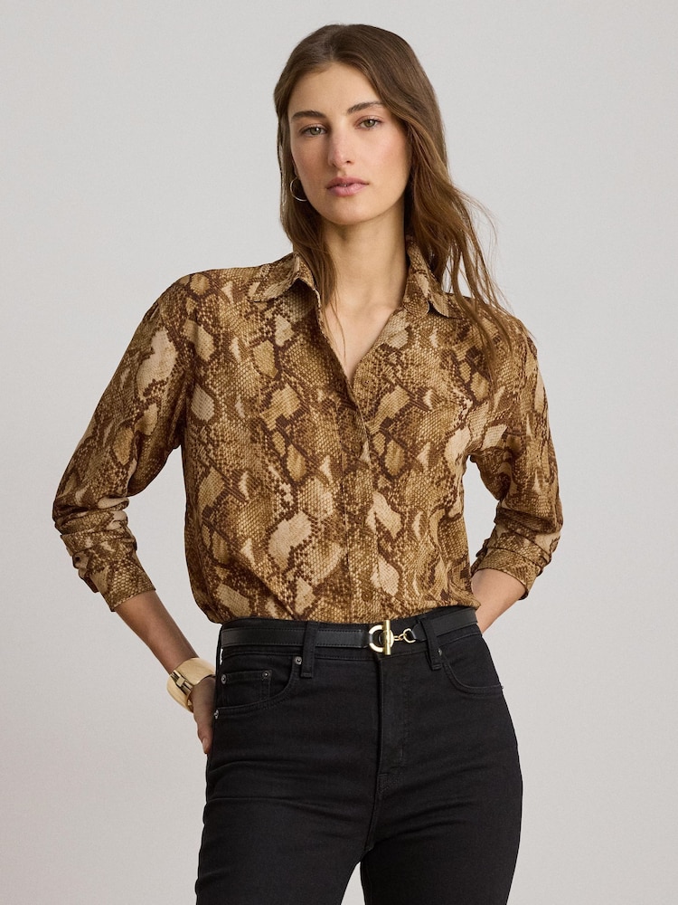 Lauren Ralph Lauren Brown Relaxed Fit Python-Print Georgette Shirt - Image 1 of 9 Lauren Ralph Lauren Brown Relaxed Fit Python-Print Georgette Shirt - Image 1 of 9