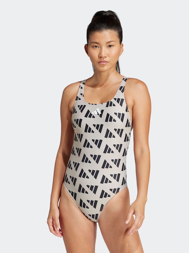 adidas Brown Logo Graphic V Back Swimsuit - Image 1 of 6