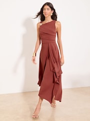 Lipsy Rust Brown Petite Gold Trim Ruffle Drape Fit And Flare Midi Dress - Image 1 of 5