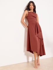 Lipsy Rust Brown Petite Gold Trim Ruffle Drape Fit And Flare Midi Dress - Image 4 of 5