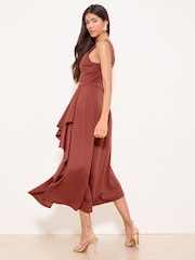 Lipsy Rust Brown Petite Gold Trim Ruffle Drape Fit And Flare Midi Dress - Image 5 of 5