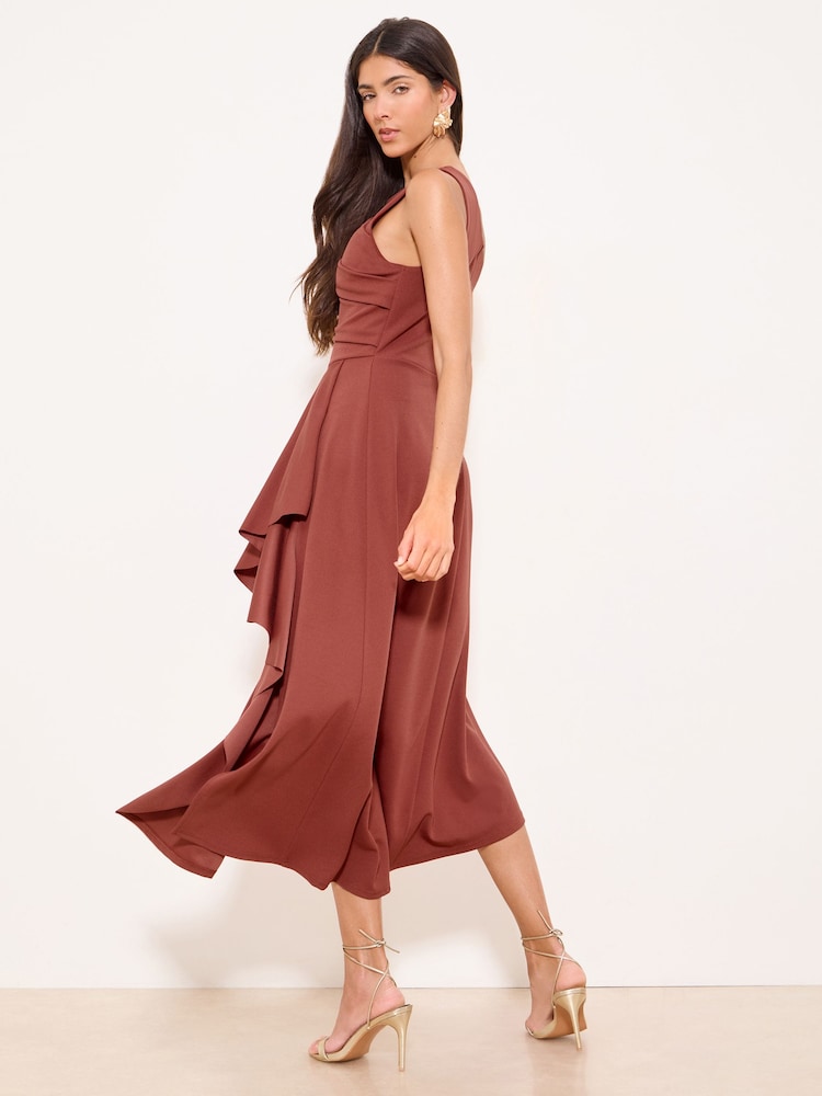 Lipsy Rust Brown Petite Gold Trim Ruffle Drape Fit And Flare Midi Dress - Image 5 of 5