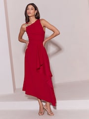 Lipsy Red Petite Gold Trim Ruffle Drape Fit And Flare Midi Dress - Image 1 of 5