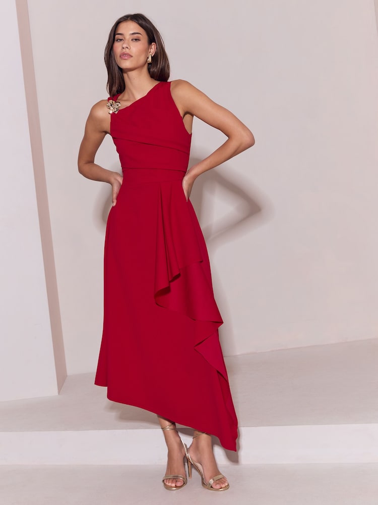 Lipsy Red Petite Gold Trim Ruffle Drape Fit And Flare Midi Dress - Image 1 of 5